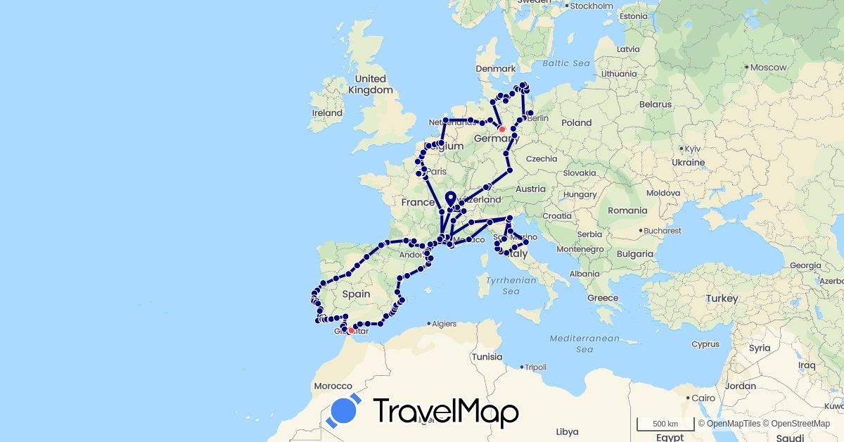 TravelMap itinerary: driving, hiking in Belgium, Switzerland, Germany, Spain, France, Gibraltar, Italy, Monaco, Netherlands, Poland, Portugal (Europe)