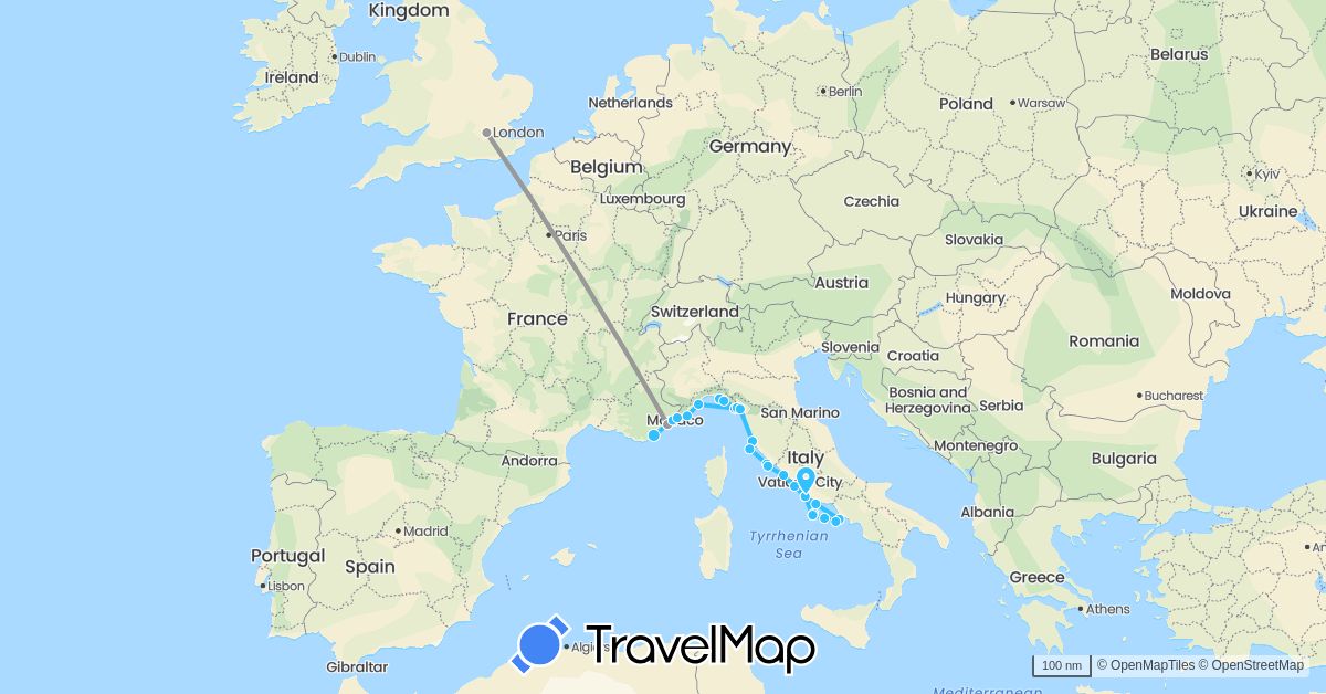 TravelMap itinerary: plane, boat in France, United Kingdom, Italy (Europe)