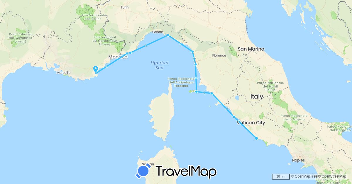 TravelMap itinerary: boat in France, Italy (Europe)